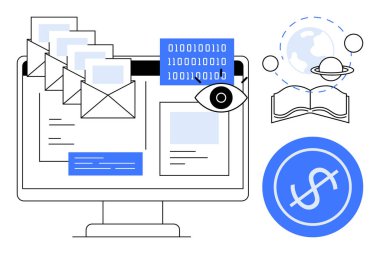 Yüzen e-postaları olan bilgisayar ekranı, ikili kod, göz simgesi, dolar simgesi, kitaplı dünya. İletişim için ideal, veri gizliliği, finans, eğitim teknolojisi küreselleşme yaratıcı kavramlar