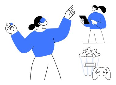 VR kulaklık takan kadın etkileşimli jestler yapıyor, bir diğeri de tabletteki içeriği eleştiriyor. Patlamış mısır, oyun kontrolörü eğlence, oyun ya da eğlenceyi sembolize eder. VR, AR, teknoloji eğlencesi için ideal