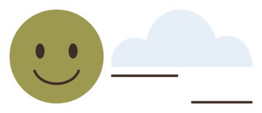 Yeşil çemberli gülen yüz, açık mavi bulut ve hareket eden yatay çizgiler. Mutluluk için ideal, pozitiflik, basitlik, farkındalık, hava durumu, iyimserlik soyut temalar basit düz