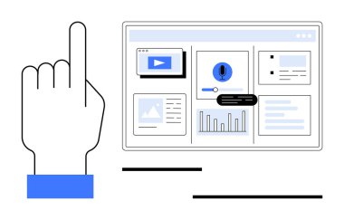 Dijital arayüzü gösteren video, grafik, ses kontrolü ve belgeleri gösteren el hareketleriyle kontrol. Teknoloji, etkileşim, kullanıcı arayüzü, veri, gelecekteki kavramlar için ideal