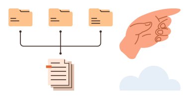 Bir belge yığınına bağlı üç klasör, yönü gösteren bir işaret eli ve ince bir bulut grafiği. Organizasyon, depolama, iş akışı, bulut hesaplama, dosyalama, hiyerarşi takım çalışması için ideal