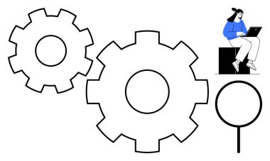 Bilgisayarda, birbirine kenetlenmiş büyük vitesler ve büyüteçlerin yanında yazan kişi. Takım yönetimi, verimlilik, problem çözme, analitik, iş akışı, yenilik ve verimlilik için ideal. Basit düz metafor