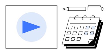 Bir takvim ve kalemi sembolize eden bir takvim, plan, içerik oluşturma, video takvimi, verimlilik, iş akışı yönetimi ve stratejinin yanında mavi oynatma simgesi. Organize medya için ideal