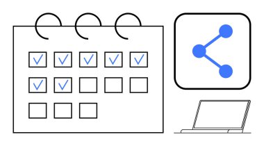 Görev yönetimini temsil eden kontrol işaretleri, paylaşım simgesi ve dizüstü bilgisayarlı takvim. Organizasyon, takım çalışması, verimlilik, programlama, planlama, basit iniş sayfalarının takibi için ideal