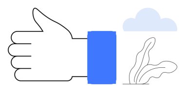 Mavi kollu bir baş parmak işareti, küçük bir bitki filizlenmesi, ve yukarıda bir bulut. Pozitiflik, çevre bakımı, takım çalışması, başarı, çevre dostu kavramlar, basitçe onay artışı için ideal
