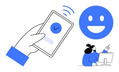 Kontrol işaretli akıllı telefonu tutan, memnuniyeti sembolize eden mutlu yüz, bilgisayar ekranını işaret eden kişi. İletişim, geri bildirim, onay, kullanıcı deneyimi, teknoloji ve müşteri için ideal