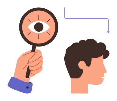 İnsan kafası profili ve minimalist tasarım unsurunun yanında el ele tutuşan büyüteç. Odaklanma, görme, analiz, gözlem, anlayış, araştırma, basit düz