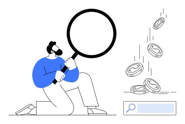 Büyüteçle diz çökmüş biri, arama çubuğunun yanına düşen paraları gözlemliyor. Finans, analitik, araştırma, iş büyümesi, yatırım, keşif teknolojisi için ideal. Basit iniş sayfası