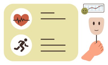 Kalp sağlığı ve koşu sembolleri yüz maskesi tutan bir elin yanında. Mutlu yüz ve çizelgeler duyguları, uygunluğu, sağlığı, zihinsel refahı, yaşam tarzını, kişisel gelişimi temsil ediyor. İdeal