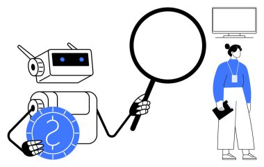 Robot elinde büyüteç ve bozuk para tutuyor. Pano ve ekranı olan bir profesyonelin yanında bilgi topluyor. Teknoloji, yapay zeka, araştırma, analiz, takım çalışması, yenilik, bilim, basit