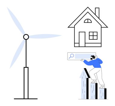 Rüzgar türbini yenilenebilir enerjiyi sembolize eder, ev çevre dostu yaşamı temsil eder, kişi arama araçlarıyla büyümeyi analiz eder. Sürdürülebilirlik, konut, yeşil enerji ve yenilik için ideal