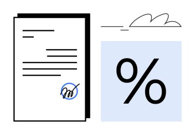 Kalın bir yüzde sembolünün yanında imzası olan bir iş belgesi. Finans, anlaşma, yasal, hesaplama, iş, yatırım ve satış bağlamları için idealdir. Basit düz metafor