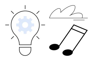Teçhizatlı ampul fikirleri sembolize eder, hayal gücü için bulut, ve yaratıcılık için notalar. Yenilik, ilham, yaratıcılık, beyin fırtınası, hayal gücü, sanat ve tasarım için idealdir. Basit.