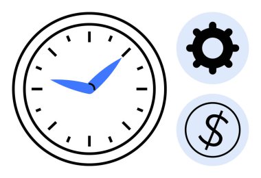 Mavi elli analog saat, vites sembolü ve dolar işareti işaretleme zamanı, verimlilik, verimlilik, takvim, değer, iş optimizasyonu. İş finansmanı ve görev planlaması için ideal