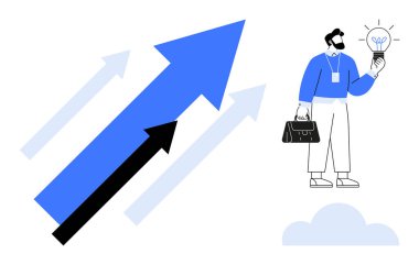 Resmi kıyafetli bir adam ampulü tutuyor ve oklar yukarı bakıyor. Yenilik, iş büyümesi, liderlik, strateji, başarı, yaratıcılık, kariyer gelişimi konuları için idealdir. Minimalist düz metafor