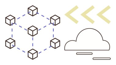 Engelleme sistemindeki bağlı bloklar, bir bulut simgesi ve soyut oklara bağlı merkezi olmayan verileri temsil ediyor. Teknoloji, veri depolama, bulut hesaplama, engelleme, ademi merkeziyet için ideal