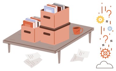 Ahşap masa kitap dolu sandıklar ve dağınık kağıtlar, soyut vitesler, soru işaretleri ve bulutlarla çevrili bir kahve fincanı barındırır. Üretkenlik, yaratıcılık, öğrenme, beyin fırtınası için ideal