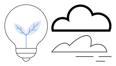 Minimalist bulutların yanında filizlenen ve büyümeyi ve çevre dostu olmayı simgeleyen bir ampul. Sürdürülebilirlik, yenilik, temiz enerji, çevre bakımı, büyüme, yaratıcılık için ideal