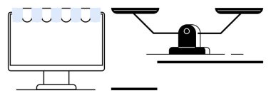 Bilgisayar ekranı, eşitlik ve dengeyi temsil eden dengeli ölçeklerin yanında bir dükkan örtüsünü andırıyor. E-ticaret, adalet, perakende, iş ahlakı, denge, eşitlik, basit düz metafor için ideal