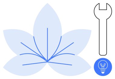 Soyut çizgilere, İngiliz anahtarı sembolüne ve yaratıcılığı ve yeniliği temsil eden ampul ikonuna sahip çiçek motifi. Çevre dostu kavramlar, onarım, büyüme, DIY, doğa yenilik araçları için ideal basit