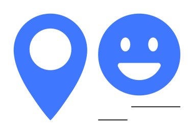 Mavi lokasyon iğnesi ve gülümseyen yüz simgesi çizgilerle eşleştirilmiş. Navigasyon, mutluluk, pozitiflik, kullanıcı deneyimi, geri besleme, dijital araçlar, basit iniş sayfası için ideal