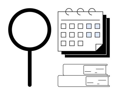 Büyüteç, işaretli tarihli takvim ve istiflenmiş kitaplar planlama, araştırma, çalışma, zaman yönetimi, eğitim, organizasyon ve üretkenlik temaları çağrıştırıyor. Basit düz metafor için ideal