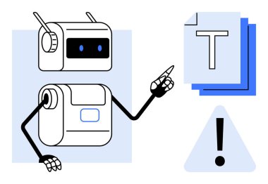Robot yakınlarda bir uyarı sembolü olan ve anahtar kavramları gösteren metin dokümanlarına işaret ediyor. Yapay zeka, otomasyon, teknoloji, veri yönetimi, dijital araçlar, eğitim, basit iniş sayfası için ideal