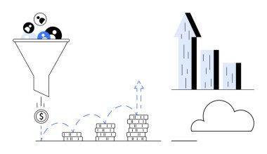 Kullanıcıları gelire yönlendirmek, para yığınlarının artması, yukarı doğru grafikler, bulut grafikleri. Pazarlama, analitik, iş büyümesi, satış stratejisi, finansal başarı yeniliği için ideal basit