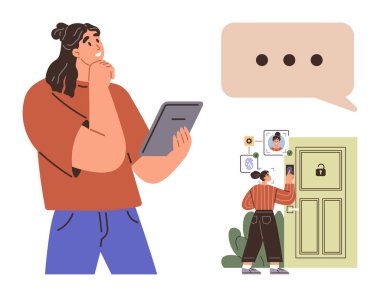 Tabletli bir kadın, akıllı ev güvenlik sisteminin yanında giriş için yüz taraması yapıyor. Teknoloji, gizlilik, yenilik, akıllı ev, güvenlik, kimlik ve karar verme için ideal. Basit düz