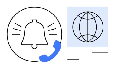 Küresel bağlantıyı sembolize eden küresel bir ikon eşliğinde bir telefon alıcısı uyarısı içeren çan alarmı. İletişim, bildirim, uyarı kullanıcıları, hareketlilik ve küresel için ideal