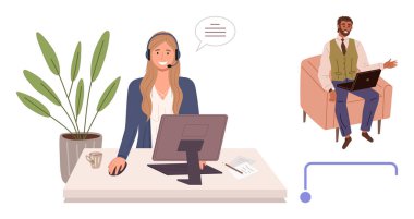 Masadaki kulaklık takan kadın laptoptaki bir adamla iletişim kuruyor. Olay yerini bitki, kahve fincanı ve belgeler hazırladı. Uzaktan çalışma, iletişim, müşteri desteği, takım çalışması, online toplantılar için ideal