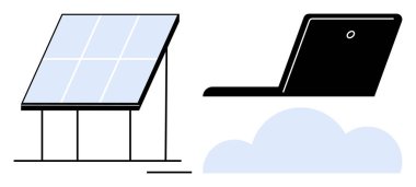 Sürdürülebilir enerji, teknoloji, yeşil güç, bulut hesaplaması, çevresel çözümler, yenilenebilir enerji yeniliği ve dijital dönüşümü sembolize eden güneş paneli ve bulut. İdeal