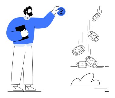 Daha fazla madeni para düştükçe para fırlatan adam, finans, tasarruf, yatırım, zenginlik, büyüme, ekonomi ve bütçeyi temsil ediyor. Fintech kişisel finans yönetimi için ideal