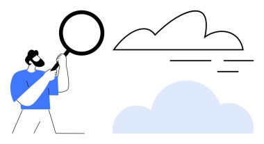 Büyüteç tutan adam bulutu inceler, incelemeyi, keşfi ya da veri analizini sembolize eder. Araştırma, teknoloji, bulut hesaplama, yenilik, keşif problem çözümü için ideal basit bir daire