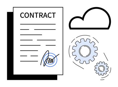 İmzalı sözleşme kağıdı, vitesler işlevi simgeler, veri depolamayı gösteren bulut simgesi. İş, hukuki, teknoloji, süreç, yenilikçi bağlantı verimliliği için idealdir. Basit düz
