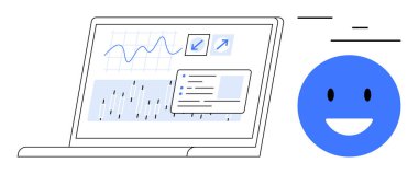 Gülümseyen yüz simgesiyle grafikler, grafikler ve analizlerin yer aldığı dizüstü bilgisayar ekranı. Veri analizi, performans izleme, kullanıcı deneyimi, iş başarısı, pozitiflik, içgörü veya basitlik için ideal