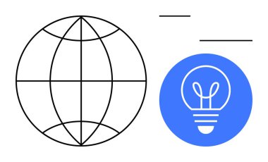 Mavi çember içinde ampulün yanında kesişen çizgilere sahip dünya fikirleri, yenilikleri ve küresel çözümleri temsil ediyor. Yaratıcılık için ideal, küresel ulaşım, teknoloji, takım çalışması, beyin fırtınası