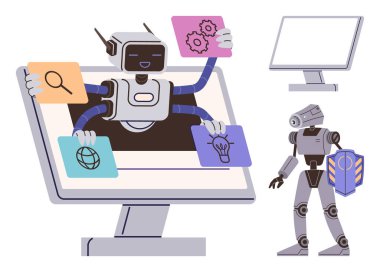 Arama, yenilik, ağ ve ayarlar için ekran tutma kartlarından robot çıkıyor. Fütürist yapay zeka, teknoloji entegrasyonu, otomasyon, robotik, dijital araçlar veri analizi basit düz metafor