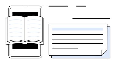 Akıllı telefon ekranında açık bir kitap ve yanında harmanlanmış öğrenmeyi sembolize eden bir metin var. Eğitim, e-öğrenim, dijital okur yazarlık, yenilik, öğrenim, yaratıcılık, basit düz