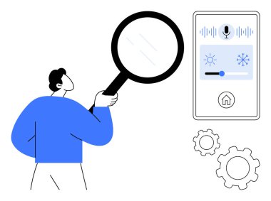 Elinde büyüteç tutan kişi akıllı cihaz ayarları, ses kontrolü ve simgeleri inceliyor. Yenilik, teknoloji, kullanılabilirlik, analiz, akıllı aygıtlar, basit iniş sayfaları için ideal