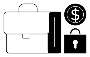 Siyah-beyaz çanta, dolar işareti olan bozuk para, ve asma kilit finans, güvenlik ve iş teması. Para yönetimi, tasarruf, kurumsal planlama, finansal güvenlik işi için ideal