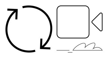 Bir video oynatma simgesinin yanında yer alan oklar tekrarlamayı, yayınlamayı veya dijital medya akışını simgeler. Medya, video, bulut depolama, teknoloji, oynatma, sürdürülebilirliği yeniden kullanma için ideal