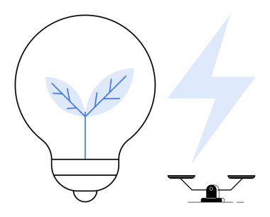 Bitki dostu enerjiyi sembolize eden ampul, güç için yıldırım ve denge için ölçek. Sürdürülebilirlik için ideal, yeşil çözümler, enerji korunumu, yenilik, yenilenebilir enerji