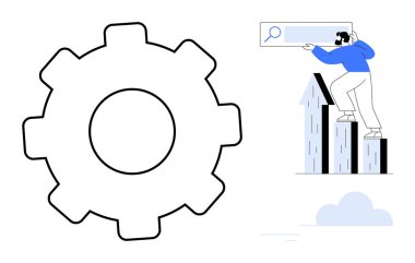 Geniş dişli, yukarı doğru giden oklar üzerindeki optimizasyonu simgeler. Arama çubuğu büyümeyi ve analizi yansıtır. İş planlaması, teknoloji, yenilik, pazarlama, veri analizi, takım çalışması için ideal