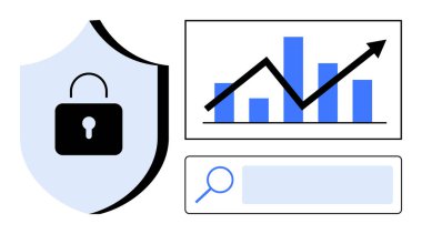 Kalkana kilitlen, ok ile yukarı doğru eğilim çubuğu grafiği ve arama çubuğu. Veri güvenliği, büyüme izleme, analiz, araştırma araçları, siber güvenlik, istatistik sade iniş sayfası için ideal