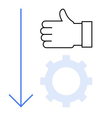 Baş parmak işareti onayı, mavi aşağı ok ve gelişmeyi simgeleyen şeffaf vites simgesi, iş akışı. Konseptler için ideal takım çalışması, üretkenlik, gelişme, değerlendirme, otomasyon