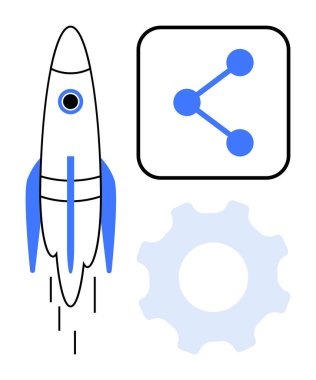 Roket kalkış modunda, bağlı düğüm diyagramı ve vites ögesi. Yenilik, başlangıç, teknoloji, takım çalışması, bağlantı, ilerleme için ideal modern kavramlar basit iniş sayfaları