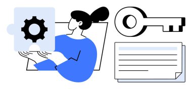 İçinde teçhizat olan yapboz parçasını elinde tutan kadın, anahtar ve belgelerin yanında. Takım çalışması, strateji, problem çözme, yenilik, yaratıcılık, bilgi çözümleri için idealdir. Temiz, düz metafor