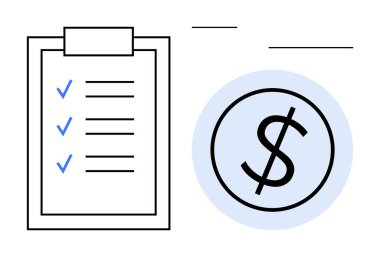 Büyük bir dolar tabela çemberinin yanında mavi çekli kontrol listesi. Organizasyon ve parasal hedefler öneriyor. Finans, bütçe, planlama, tasarruf, hedefler, yatırımlar için ideal, basit düz metafor