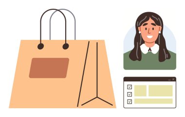 Gülümseyen bir müşteri avatarının yanında alışveriş torbası ve çek kutuları ile servis sayfası arayüzü. E-ticaret, dijital alışveriş, perakende satış, çevrimiçi alım, tüketici seyahati, satış, basit daire
